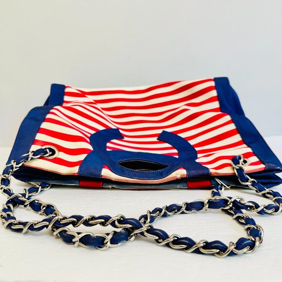 AUTHENTIC CHANEL CRUISE LINE CHAIN STRAP RED WHITE BLUE STRIPE RESORT VINTAGE - Picture 4 of 16